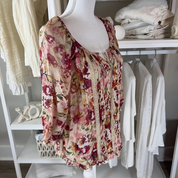 Bila Women's sz. small semi sheer floral peasant blouse soft girl feminine #1775 - Picture 3 of 9